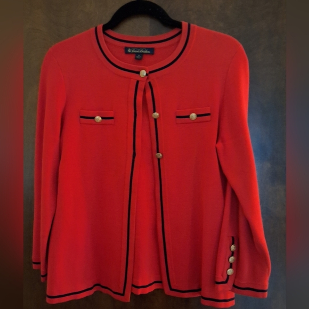 Brooks Brothers, women's red sweater jacket with blue detailing, small